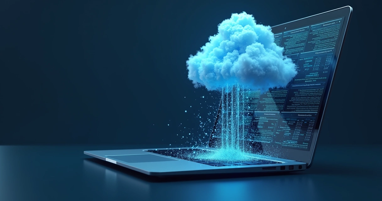 Ilustração de servidores em nuvem caindo em uma tela de computador 