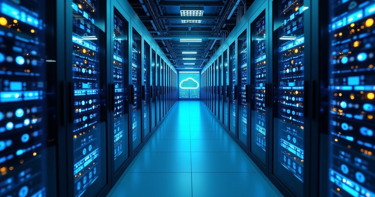 Servidores alinhados com luz azul em datacenter moderno 