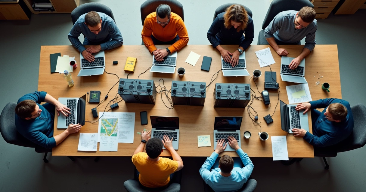 Mesa com diversos servidores em miniatura e equipe de desenvolvimento reunida ao redor 