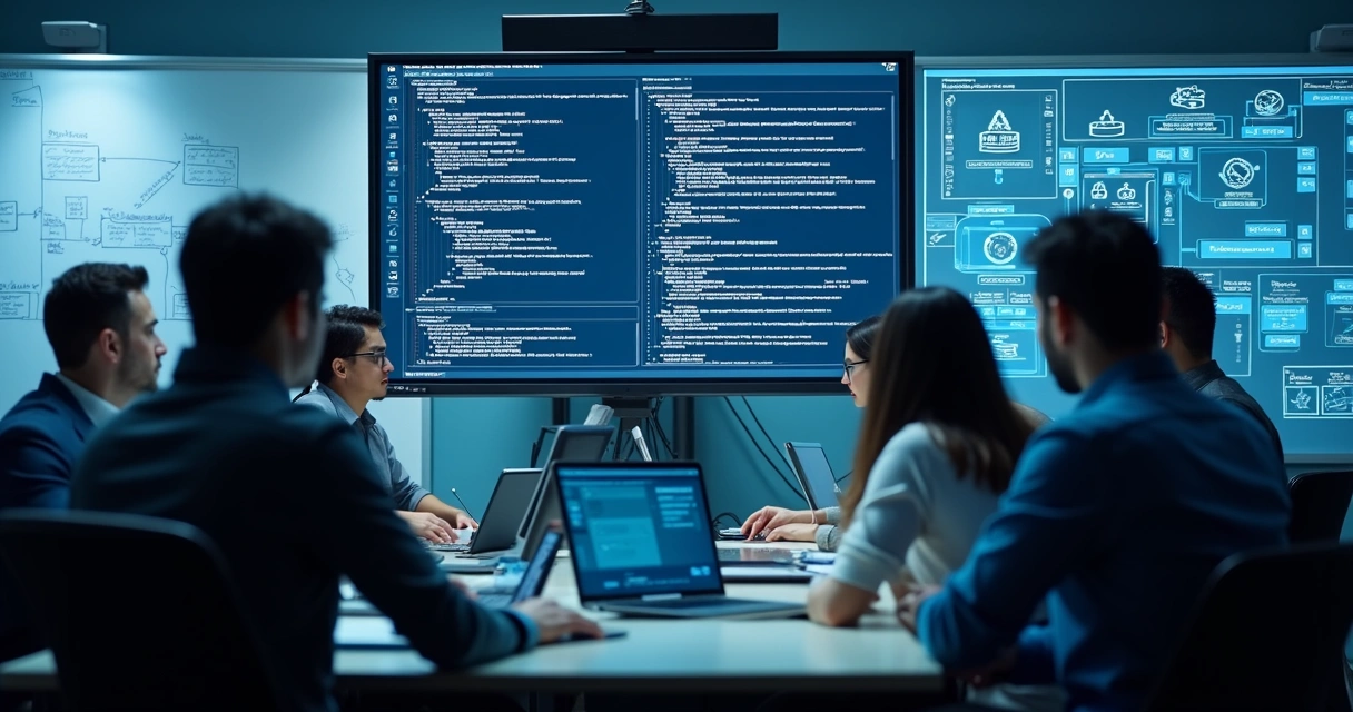 Equipe de TI trabalhando em código para infraestrutura de servidores em nuvem 