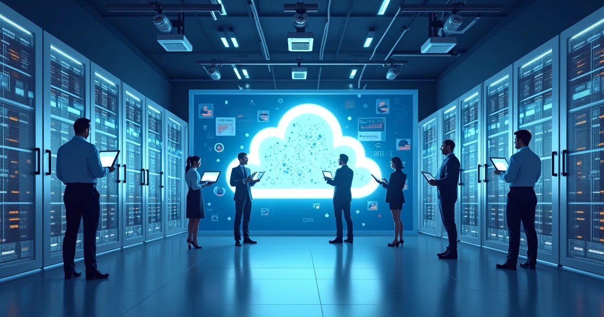 Servidores em nuvem gigantes em ambiente de data center seguro, pessoas analisando dados. 