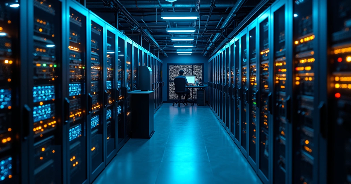 Salas de servidores com luzes azuis e amarelas, computadores com fitas de backup e discos em racks separados 