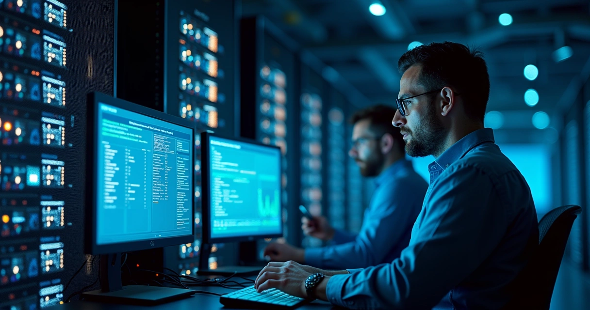 Profissionais de TI em sala de servidores, monitorando acessos privilegiados 