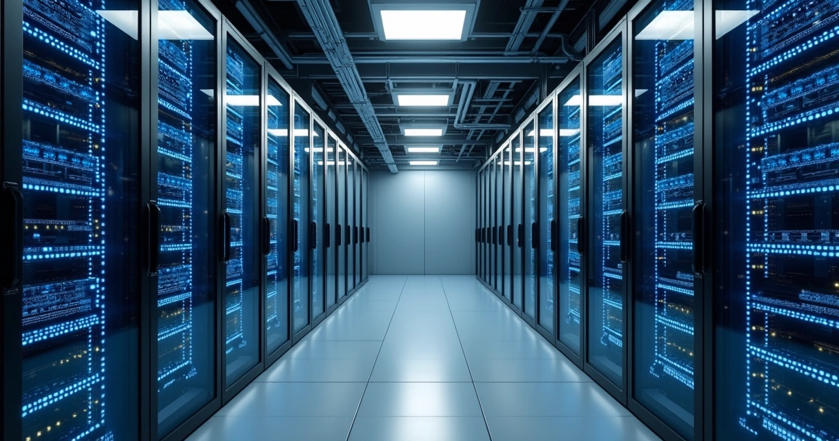 Servidores corporativos com luzes azuis e cabos organizados 