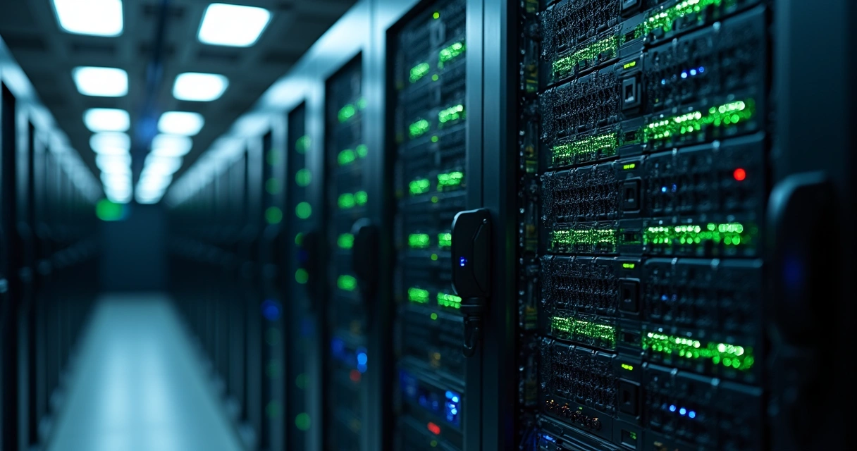Servidores corporativos em rack, luzes indicando atividade e segurança 