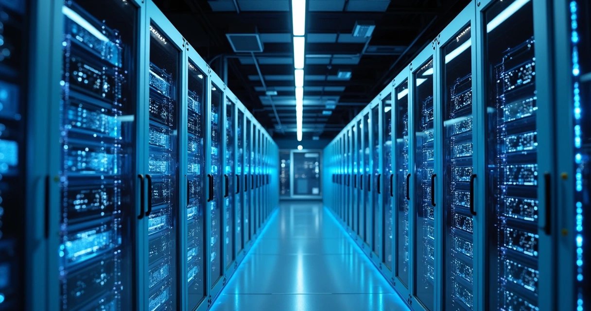 Servidores de dados corporativos iluminados em sala moderna 