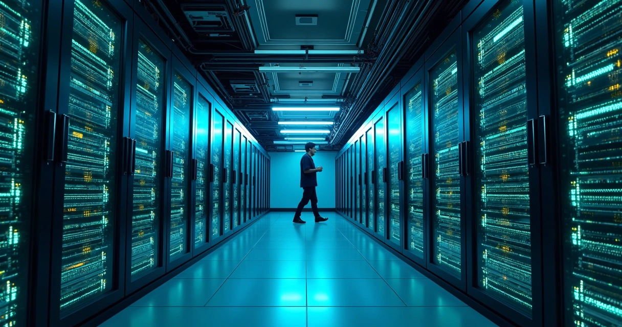 Sala de servidores com painéis iluminados representando dados otimizados 