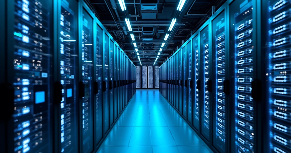 Servidores de dados em nuvem com luzes azuis e cabos organizados.