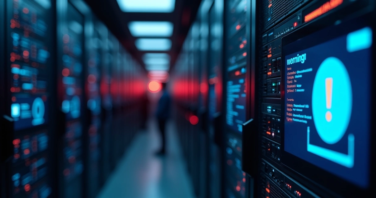 Servidores em data center iluminados com alerta de risco de vazamento de dados confidenciais 