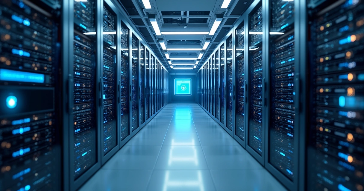 Servidores alinhados em data center moderno