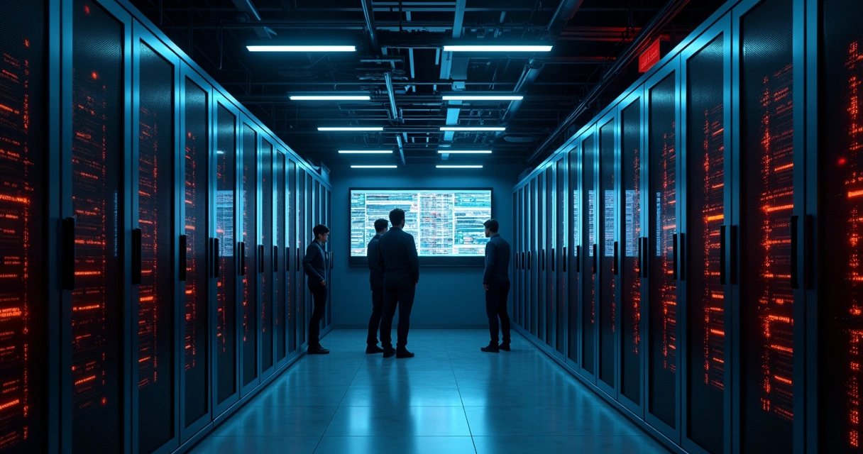 Fileira de servidores desligados em sala de data center escura 