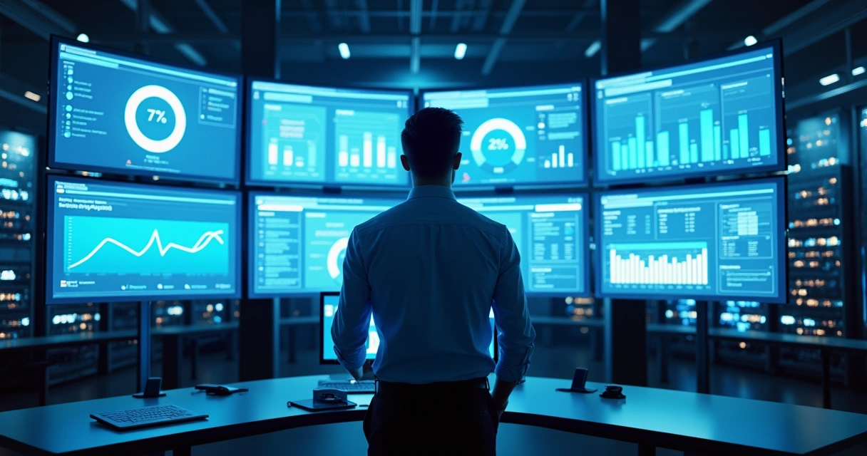 Profissional observando dashboards de monitoramento Azure em múltiplas telas, cercado por servidores virtuais 