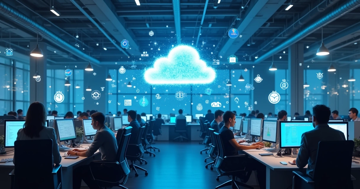 Servidores de nuvem com gráficos digitais flutuando à frente 