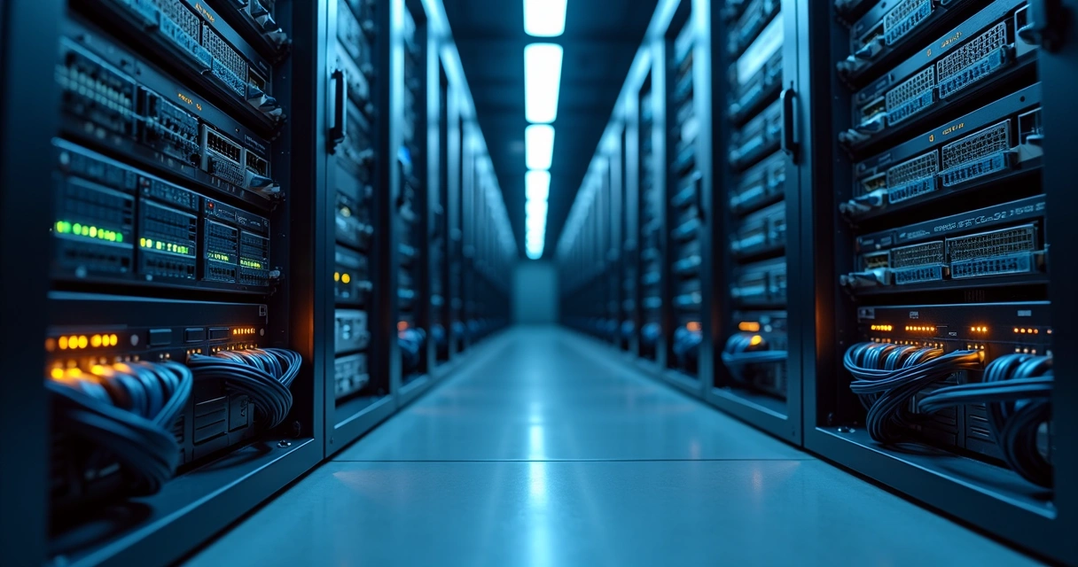 Servidores e equipamentos conectados em uma sala de TI