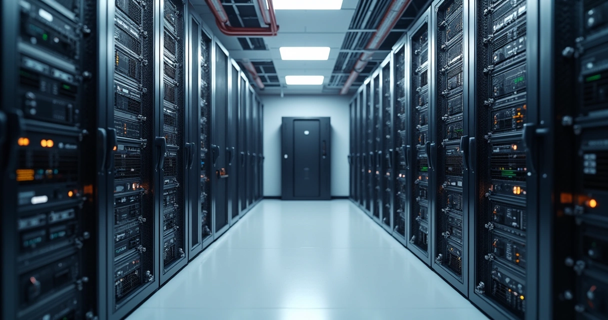 Servidor de backup e fitoteca IBM com drives alinhados em rack, ambiente de datacenter profissional 