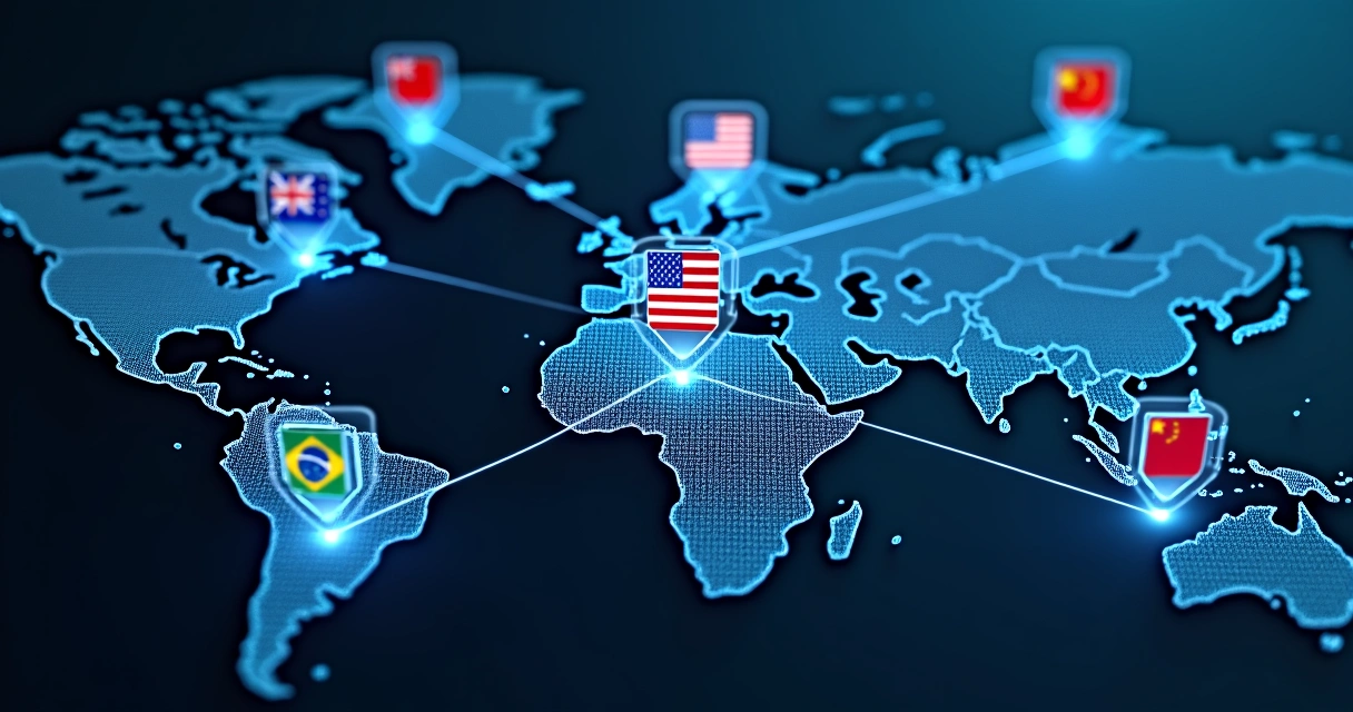 Servidores representando diferentes países conectados em rede global 