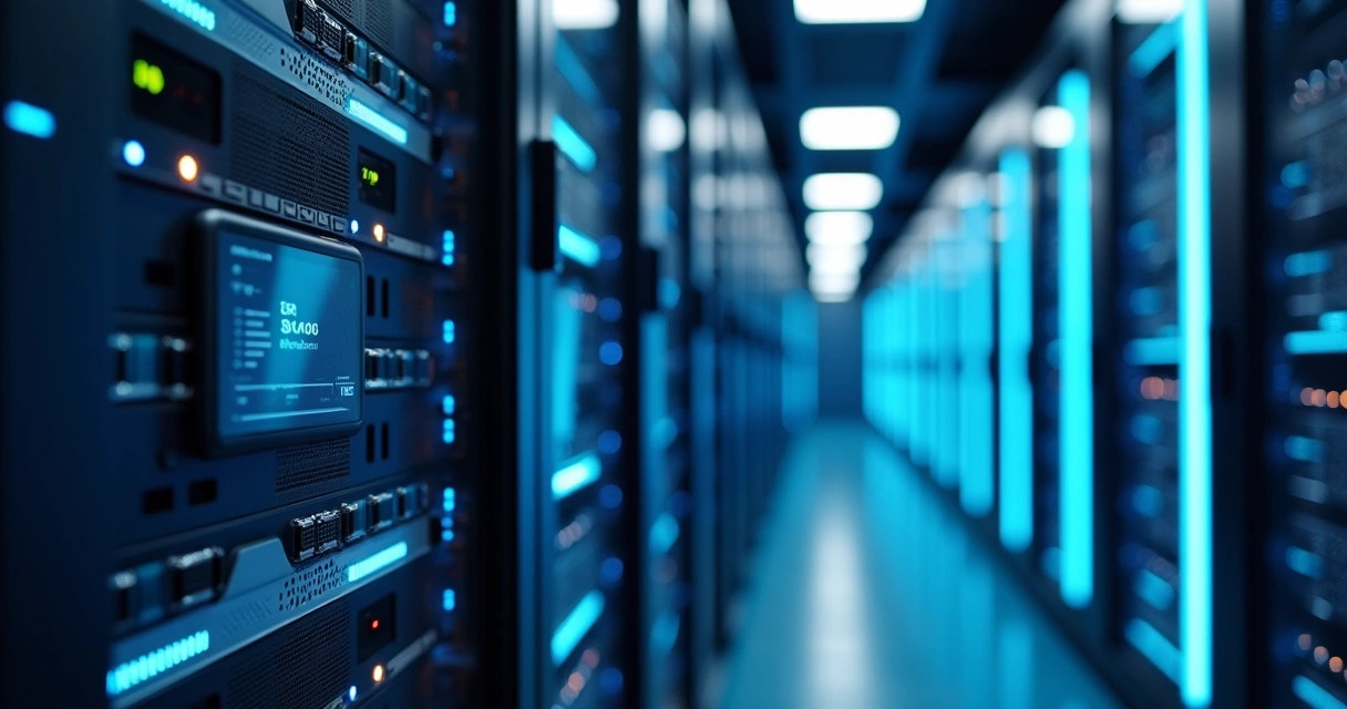 Rack de servidores modernos iluminados com luz azul em data center limpo e organizado 