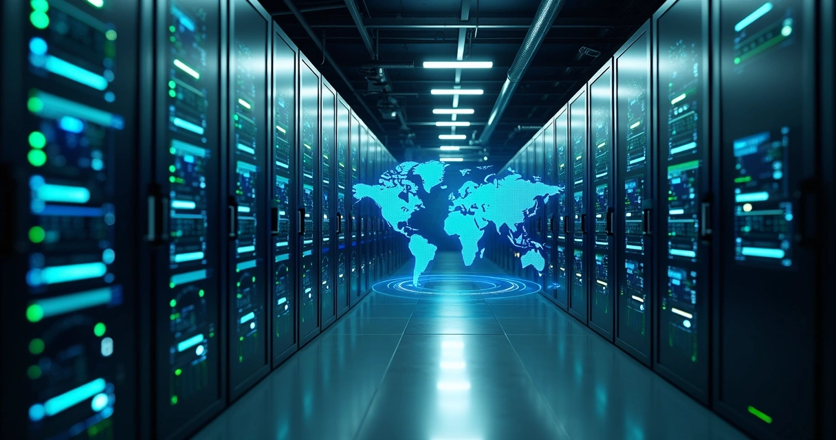 Servidores de IA privada em data center corporativo iluminado 