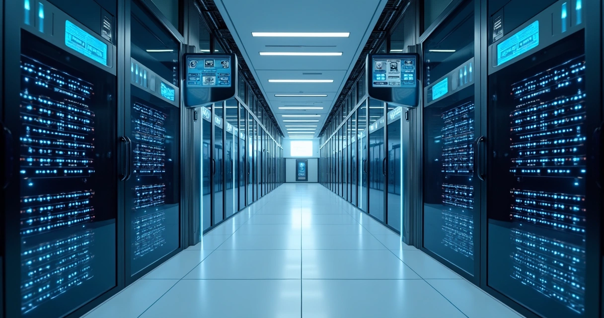 Servidores de IA com luzes azuis em ambiente seguro 