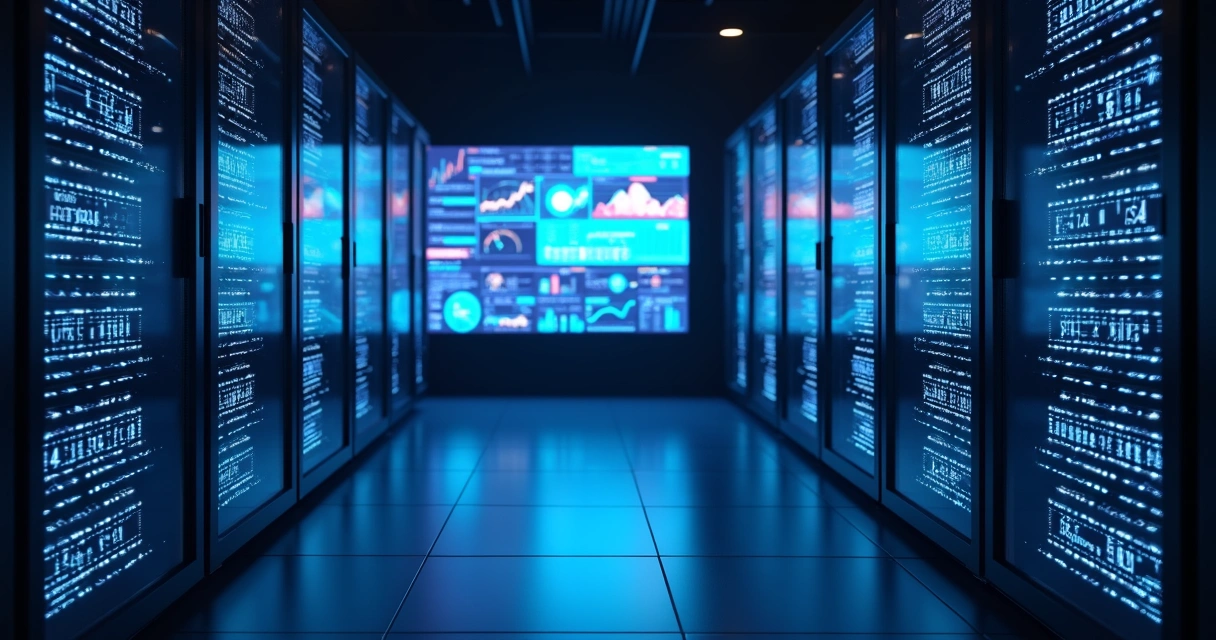 Sala moderna com racks de servidores iluminados com LED azul em ambiente escuro e tela com gráficos de desempenho tecnológico ao fundo 