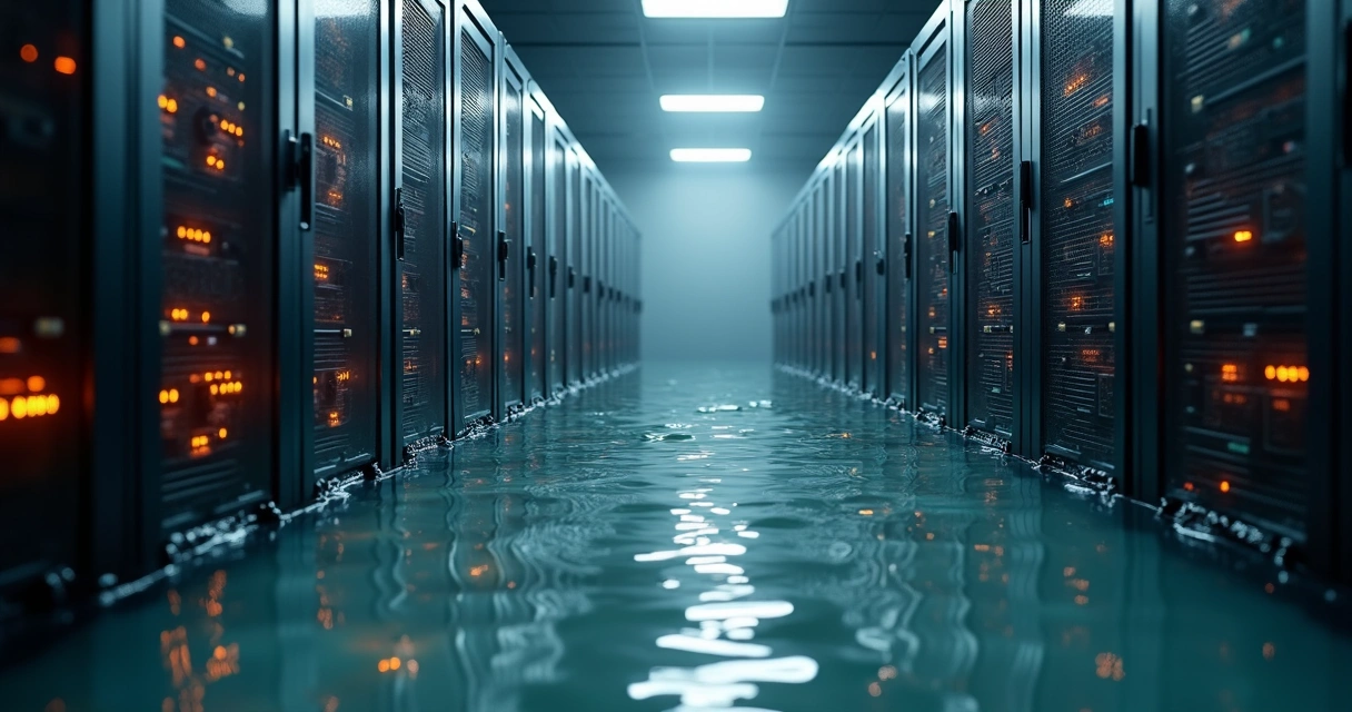 Servidores parcialmente submersos em sala de data center, com água refletindo luz cálida dos painéis