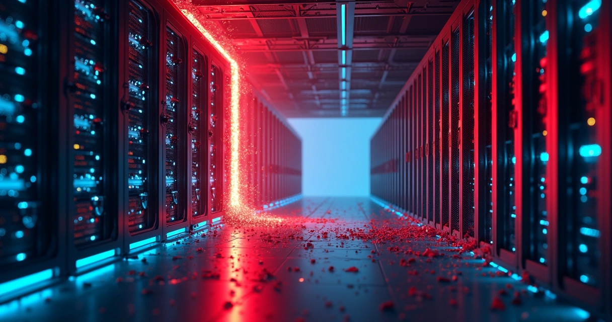 Ilustração de servidores de data center sendo invadidos por códigos digitais vermelhos 