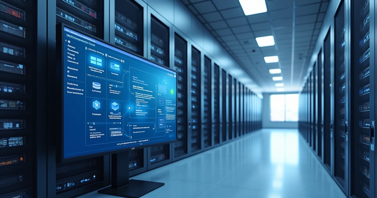 Data center com racks e tela mostrando Kubernetes 