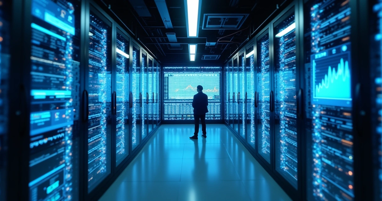 Sala de servidores monitorada por IA com painéis digitais ativos