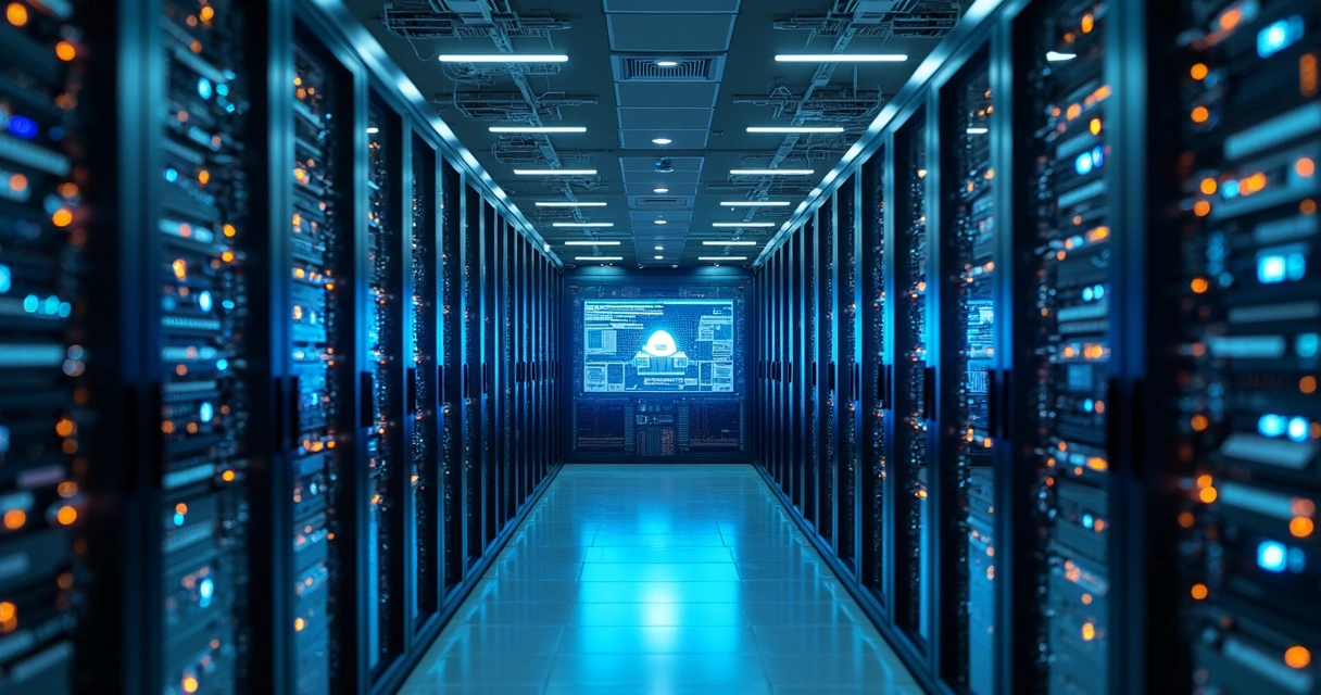 Sala de servidores mostrando ambiente de banco de dados MySQL corporativo 