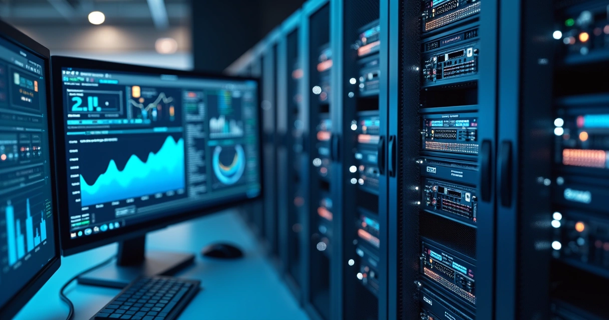 Rack de servidores NAS em data center moderno com monitores mostrando gráficos de desempenho e rede 