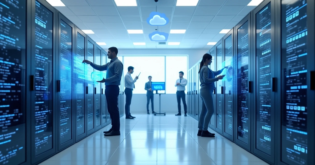 Servidores em ambiente de nuvem com painéis de backup e restauração