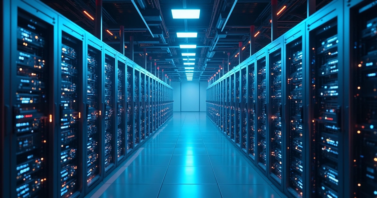 Sala de servidores físicos conectados a ícones de nuvem digital 