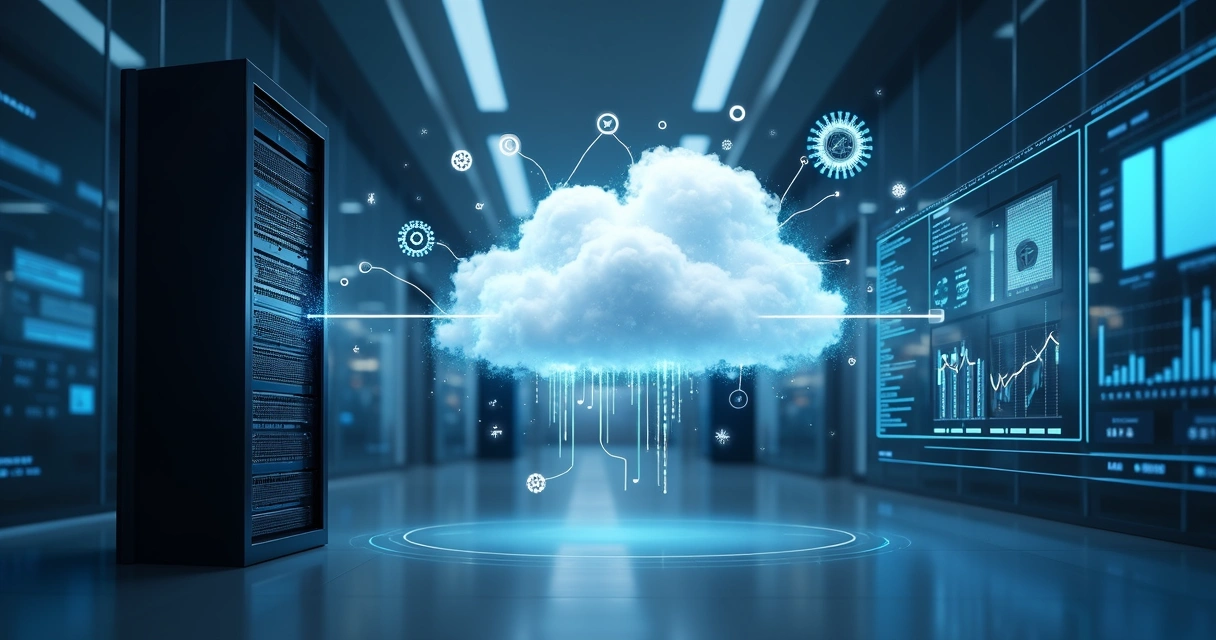 Servidor físico conectado a elementos digitais representando nuvem e IA 