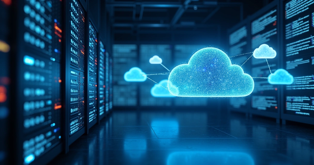 Servidores físicos e digitais conectados por linhas virtuais 