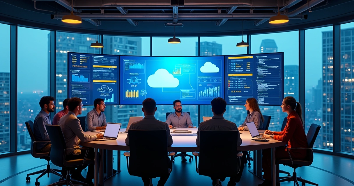 Sala de reuniões com equipe de TI analisando grandes telas de servidores e nuvem 