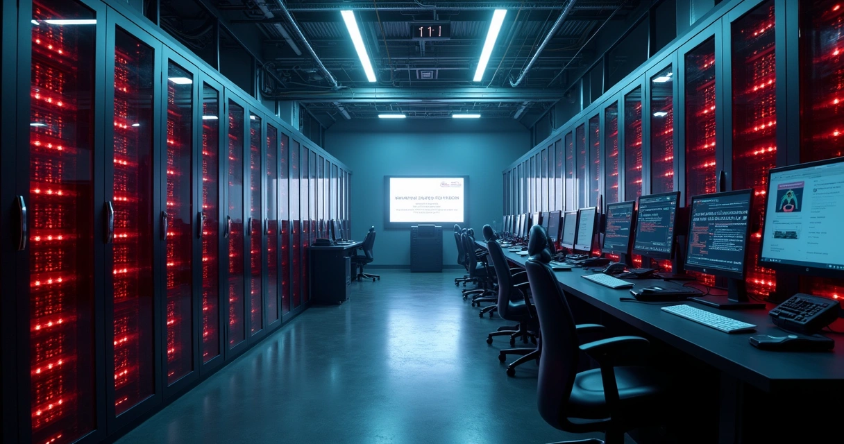 Servidores de TI desligados em uma sala de tecnologia escura 