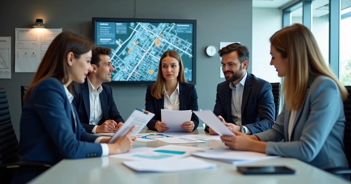 Servidores públicos reunidos em uma mesa debatendo papéis e gráficos