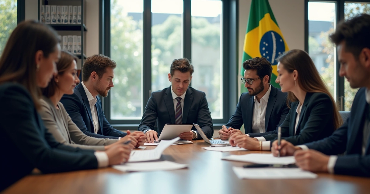 Grupo de servidores públicos reunidos em escritório moderno discutindo documentos jurídicos 