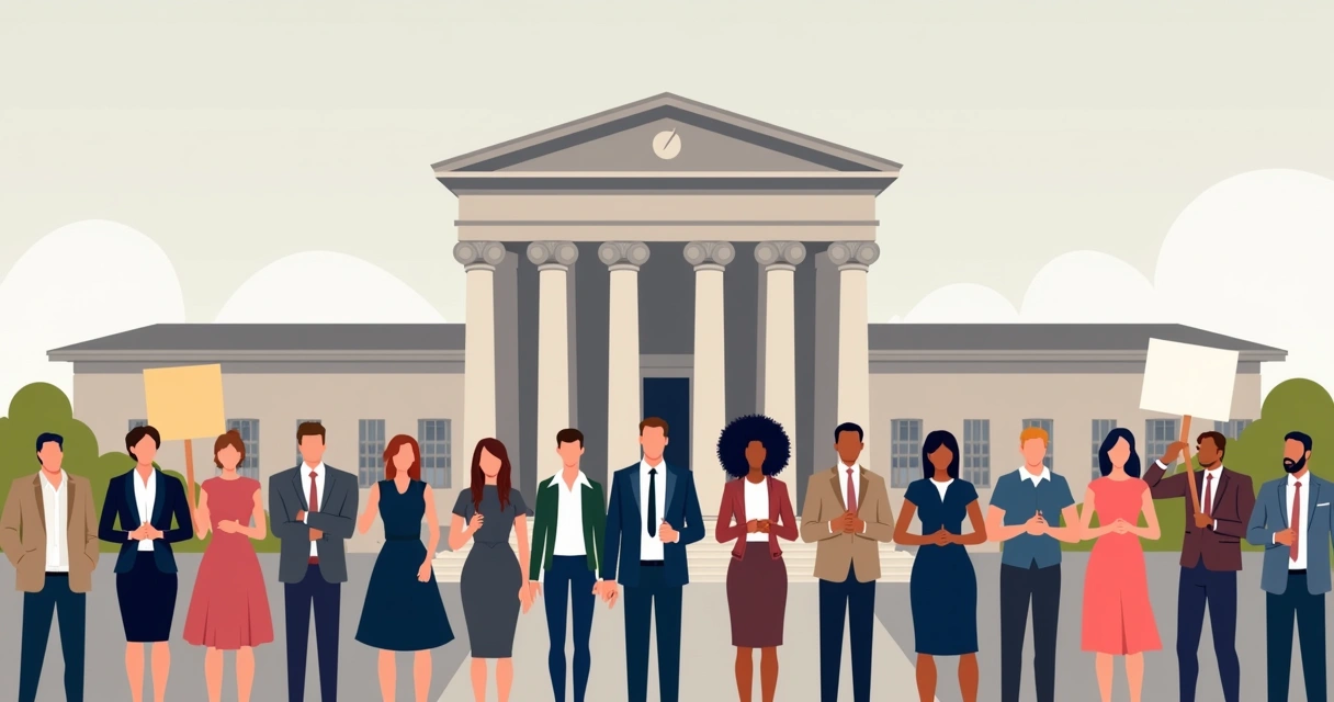 Grupo de servidores públicos protestando em frente a prédio do governo, segurando cartazes e expressando diversidade. 