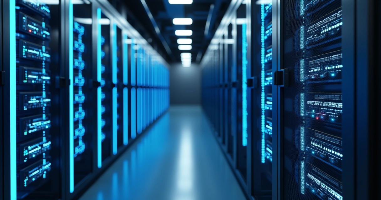 Racks de servidores modernos em data center iluminado