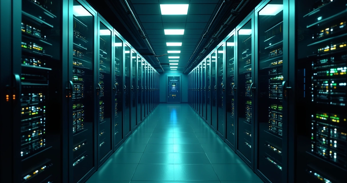 Servidores organizados em sala iluminada tenuemente