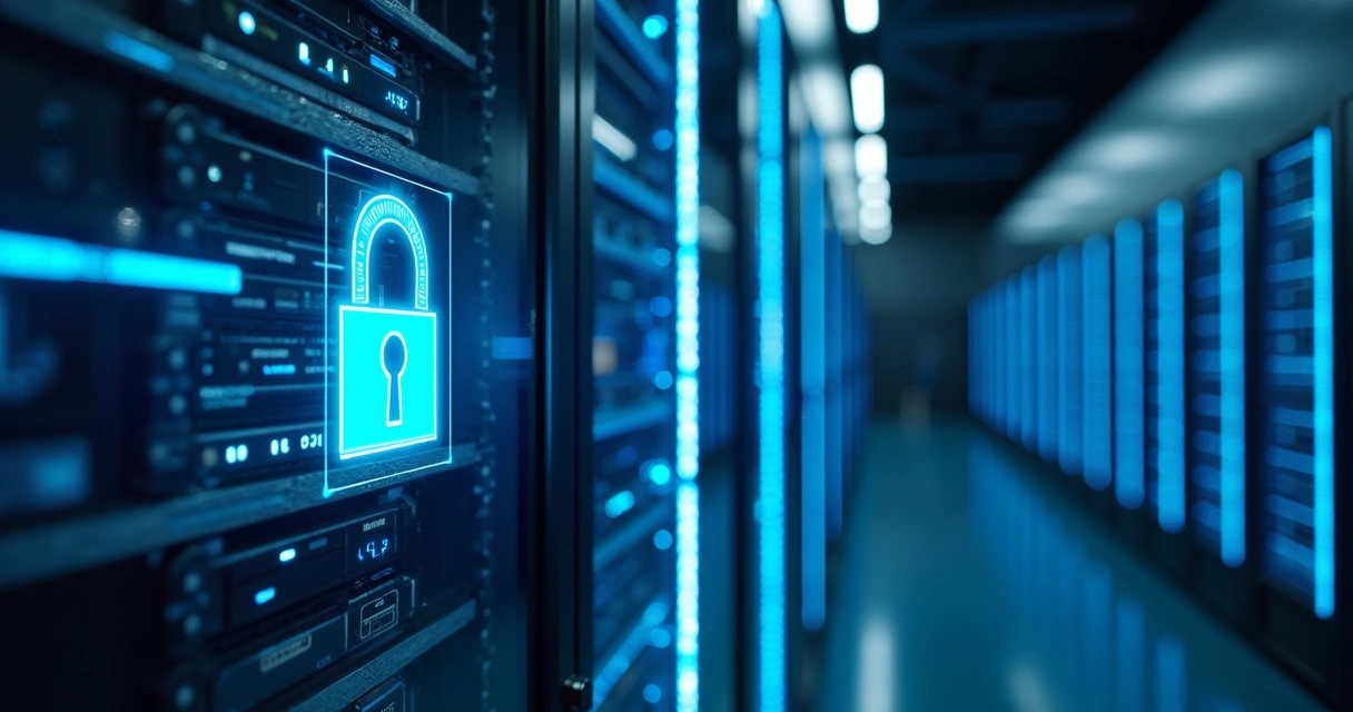 Sala de servidores de empresa com luz azul projetando segurança digital 