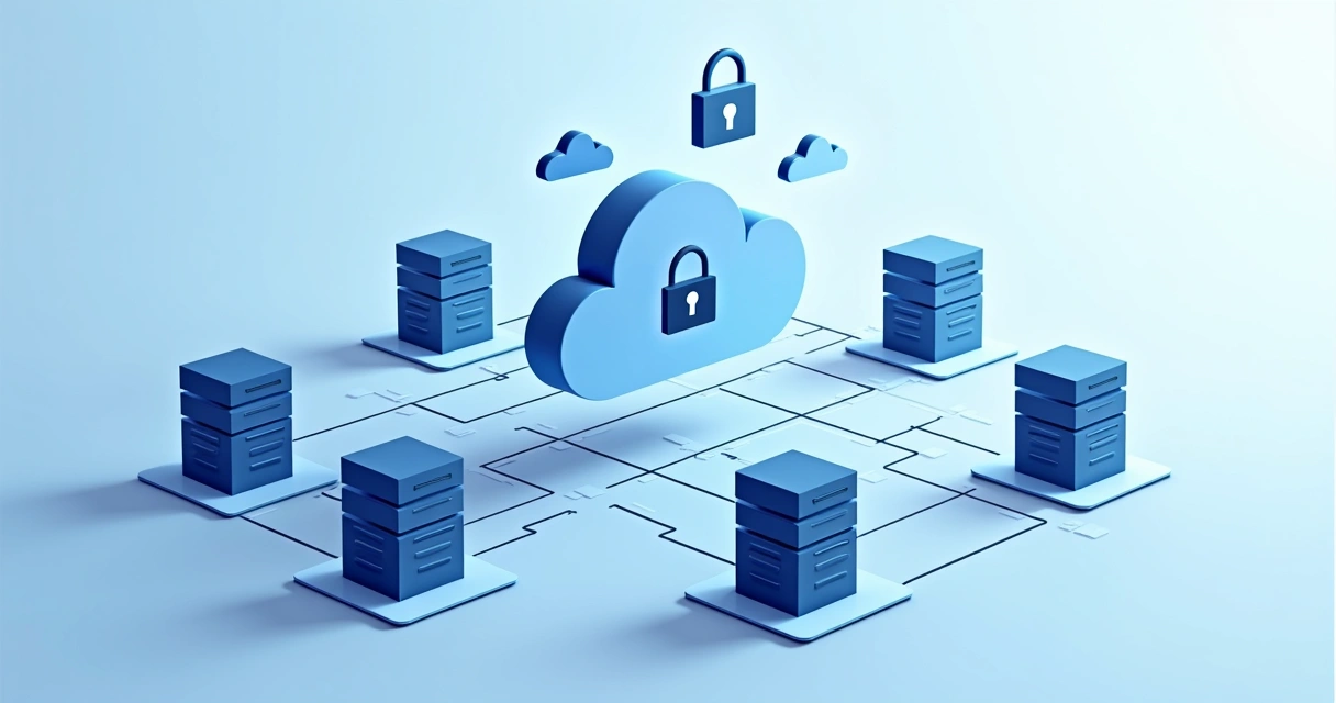 Servidores de dados digitais conectados a uma nuvem, com cadeados representando segurança 