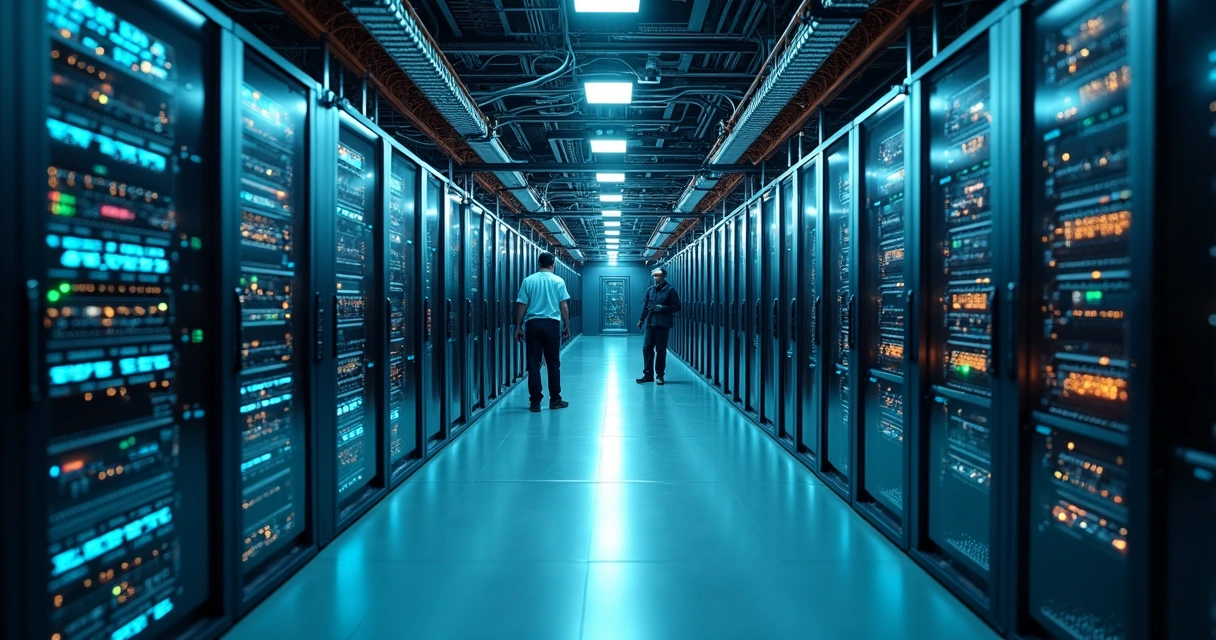 Corredor de servidores de datacenter com iluminação azul e verde 