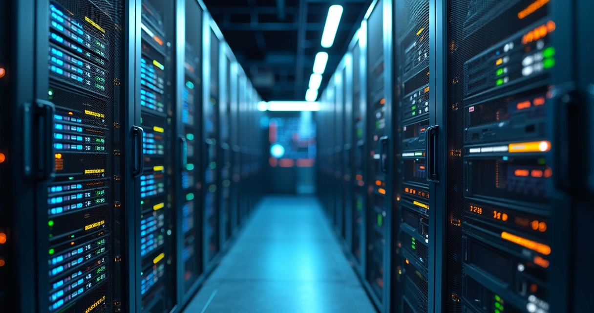 Sala de servidores com equipamentos tecnológicos em data center moderno, luzes de status acesas e telas mostrando informações de manutenção 