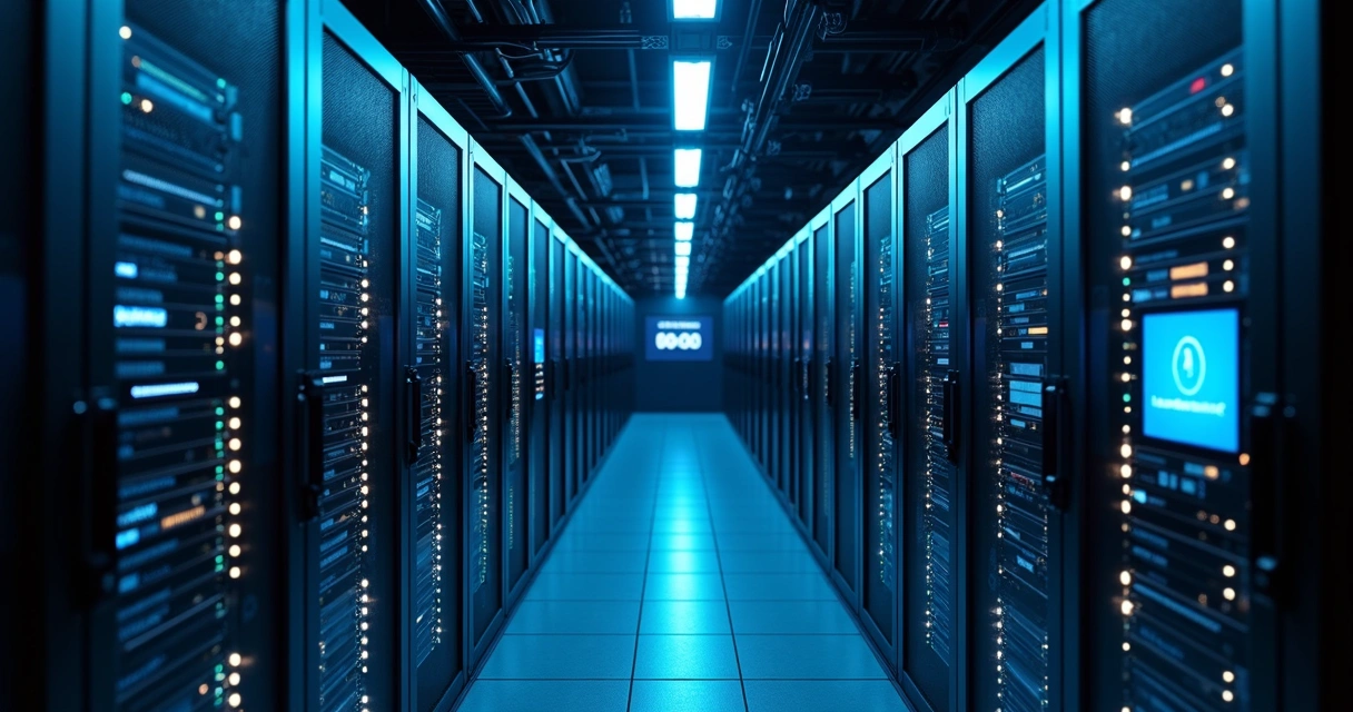 Sala de servidores de computador com luzes azuis piscando e ambiente escuro, indicando manutenção em andamento 