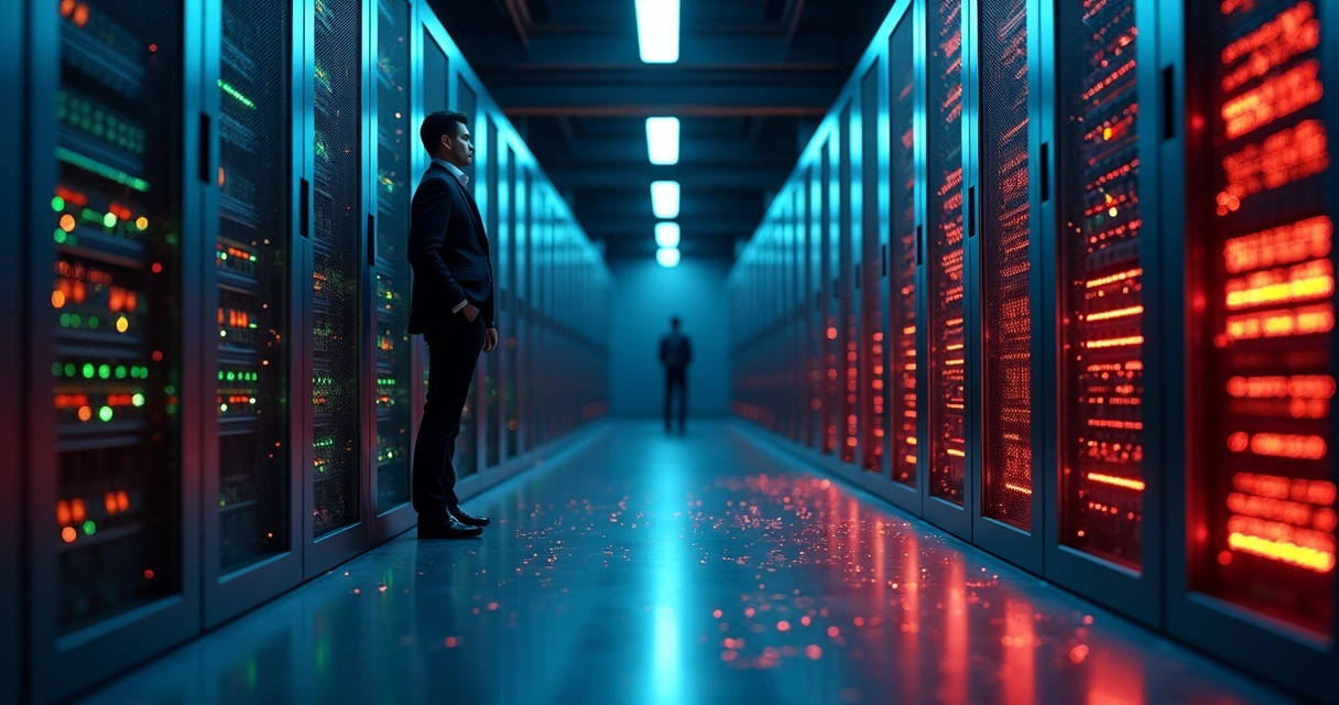 Corredor de servidores com dados vazando em caracteres luminosos 
