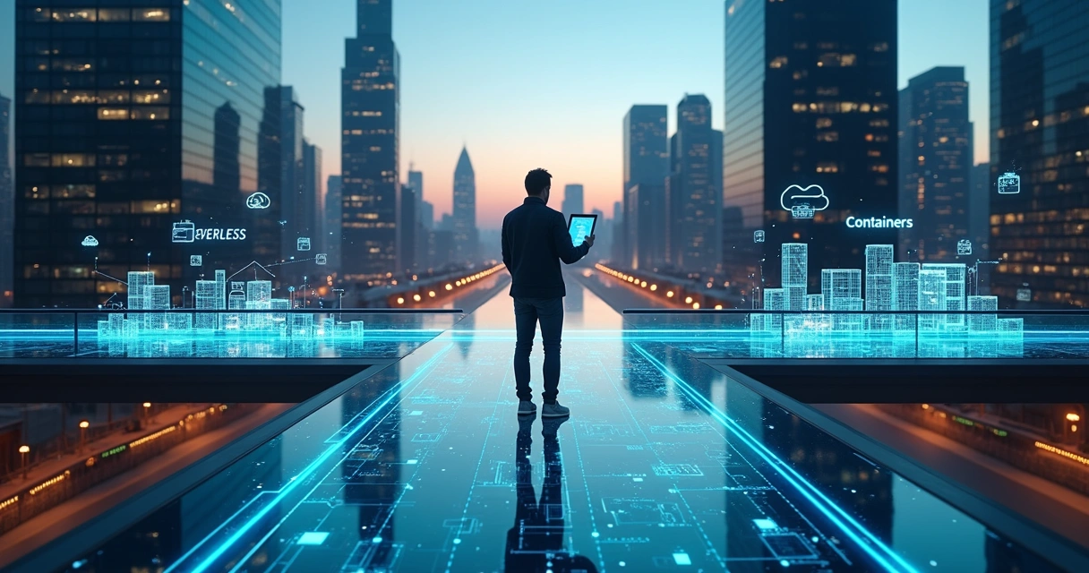 Cidade futurista com bifurcação mostrando conceitos de serverless e containers 