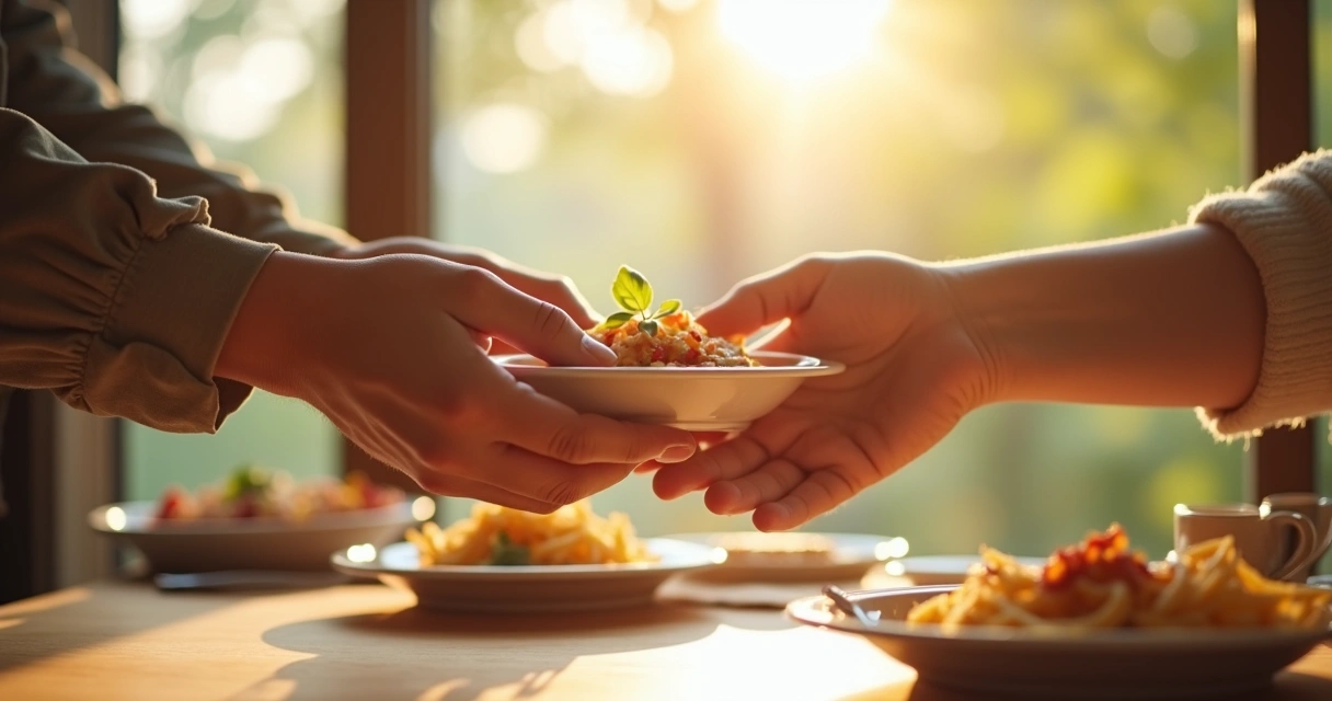 Mãos entregando alimento a outra pessoa. 