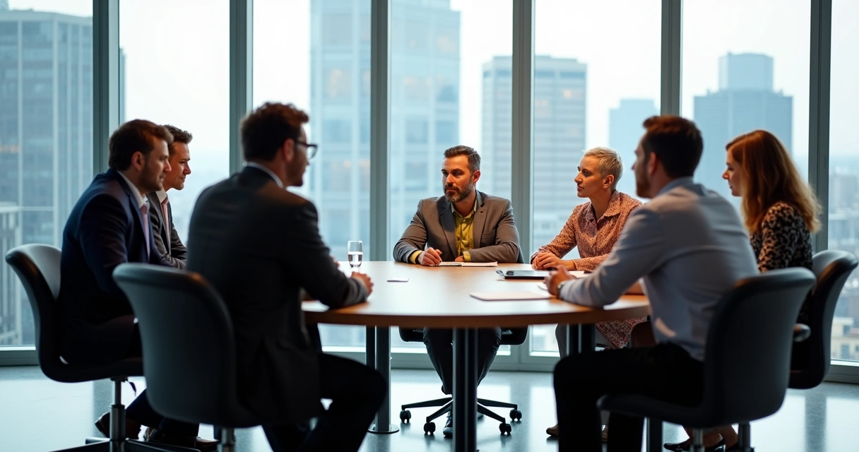 Personas en una reunión de trabajo mirando a una persona diferente del grupo en una sala moderna
